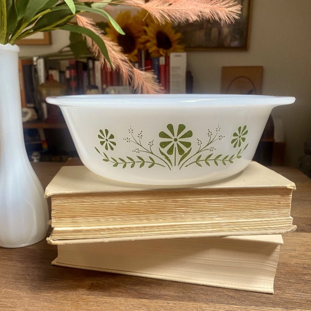 Vintage Glasbake Casserole Dish, 1.5 QT Retro Green Flower Casserole Dish